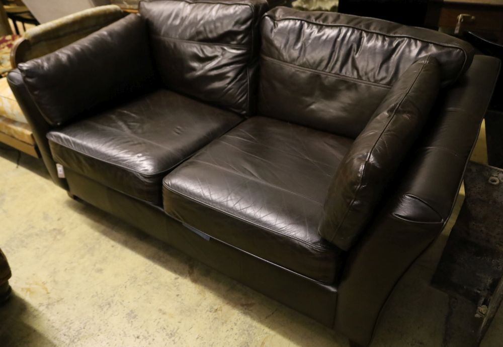 A modern brown leather two seat sofa, width 190cm depth 100cm